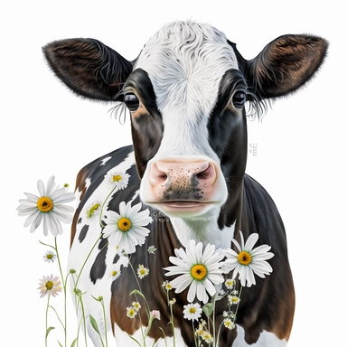 Dairy Cow Clipart with Daisy Flowers, white background