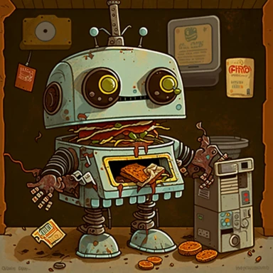 garbage pale kids format, pop surrealism digital art image of broken down, old, rusting, cartoonish, humanoid robot making a sandwich in the kitchen of a fast food restaurant. The robot is wearing tattered, McDonalds style uniform, made of human clothing. The robot is in an art style inspired by artists like Tara McPhereson, Nooligan, and Robin Eisenberg. To be used for digital clipart. Use dull, 1970's style, yellow, green, brown color scheme for the robot.