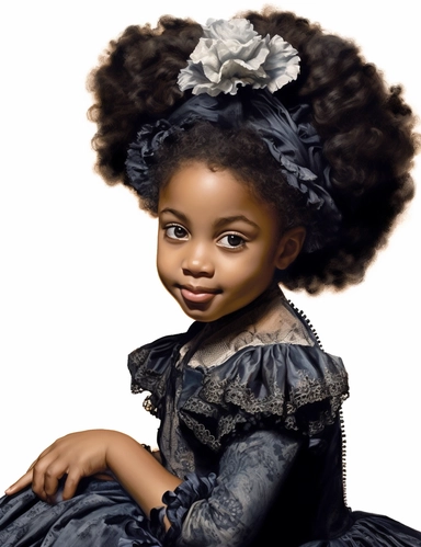 hasselblad 24 mm three quarters shot of a gorgeous african american baby girl in victorian dress, clipart, Composition: Relaxed position with intricate high hairstyle, smiling, detailed natural skin, Style: gothic, white background, hyperrealism, 32k