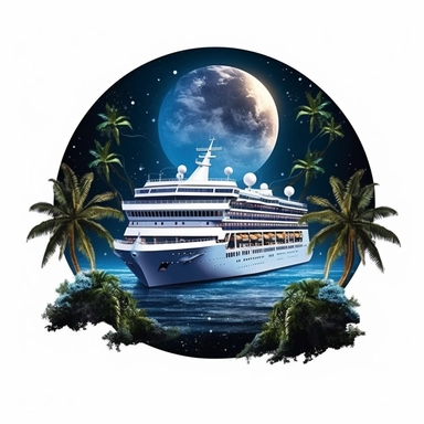 fantasy cruise ship in the moonlight, paradise island digital clipart on white background