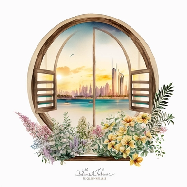 one Watercolor BIG Window WITH Dubai SUNRISE VIEW and little flowers clipart