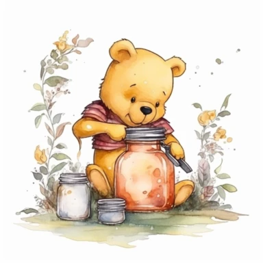 watercolor cute winnie the pooh eating honey from a jar in nature, very detailed, clipart, modern style, white background, 8k