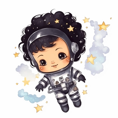 Clipart of super cute baby astronaut,black little girl , stars white background,stars white background