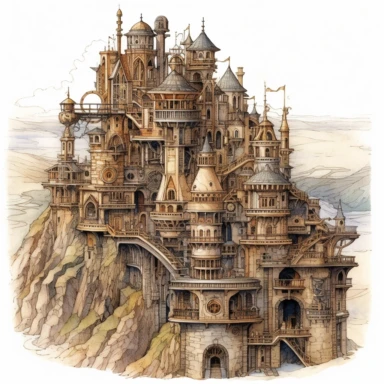 Watercolor hyperdetailed ultra realistic clipart of steampunk fictional worlds like Middle Earth, Hogwarts, or Narnia, including intricate details such as famous landmarks, architecture, and landscapes