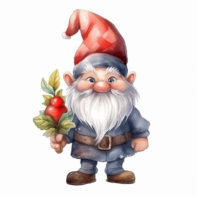Small cute christmas gnome clipart with margins, digital watercolor, for children’s book, cutes gnome, chibi style, character design lovely style, cartoon funny, lovely animation, simple watercolor, white background, highly detailed, watercolor
