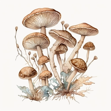 watercolor, a bunch of thin loong mashrooms in pastel beige color, a lot of details, good quality illustration, clipart, white background