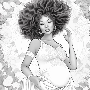 coloring page . Beautiful black woman .pregnant baby bump showing , beautiful, clipart, school background, detailed, happy, glamorous