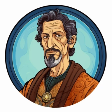 an Arab Indian fantasy handsome medieval merchant lord, resembling a combination of Tony Shalhoub Jeff Goldblum and Hugh Grant, handpainted enamel punk film poster, clipart illustration, circle solid background