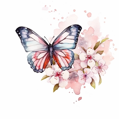 brightly colored cherry blossom watercolor clipart with a butterfly flying
