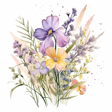 watercolor botanical flower arrangement with spring wild flowers, in the style of Francis Marte, watercolor art with delicate ink outline, soft atmospheric scenes, soft and dreamy atmosphere, poetic and atmospheric style, decorative paintings,white background, clipart
