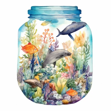 complex watercolor illustration of euphoric ocean full of marine animals, swimming around isolated in a transparent floral jar ,concept,art,8k,hd,watercolor,detailed,white backround,clipart