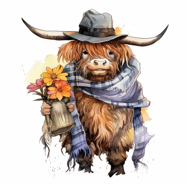 Watercolor realistic highland cow with scarecrow , style by Lucy Fleming, watercolor, smooth gradients, black contour outline, ultra detailed, clipart elements, delicate pastel colors, solid white background, super clear, high quality