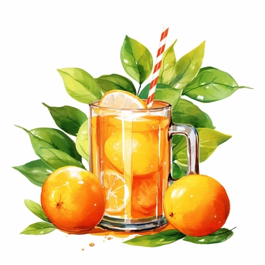 A colorful watercolor orange juice, orange tree clipart in PNG format, vector, with a white background and easy to cut out