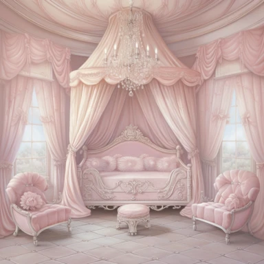 panoramic view, full view, beautiful elegant royal baby girl nursery room drawing painting, frilly, romantic, fantasy, ethereal, light pink and white colors, beautiful crib with beautiful full flowing canopy, beautiful bling crystal chandelier, soft pink teddy bear, beautiful large Victorian style window with beautiful pink flowing drapes, faux fur rug, sharp focus, high detail, 8k, illustration clipart style, transparent background