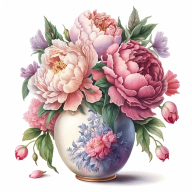 vibrant colours, white background, no text, An animated watercolor clipart showcasing a vintage-inspired vase holding a cluster of delicate peonies in shades of pink, their lush petals exuding femininity and charm, filled with flowers