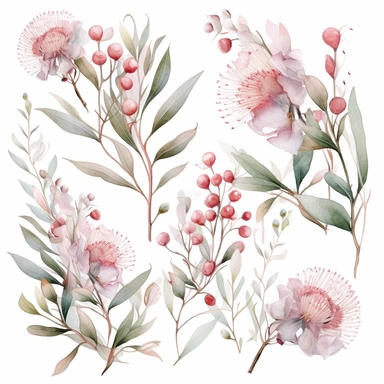 Australian native pink gum blossom and eucaliptus flower arrangments watercolor premade border, white simple background, no grass or green ground in the scene, no sky, pale watery color, hand painted original, pastel colors, Watercolor Flowers Clipart, airy dreamy pale color, modern minimal v 4