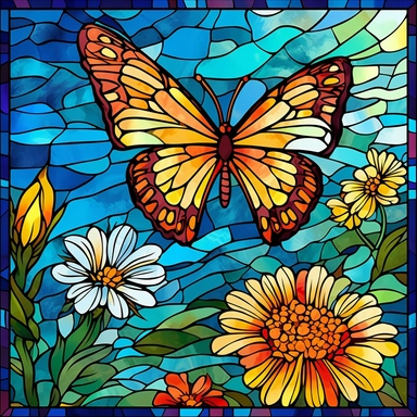 stained glass clipart of one butterfly and flowers, vincent van gogh style