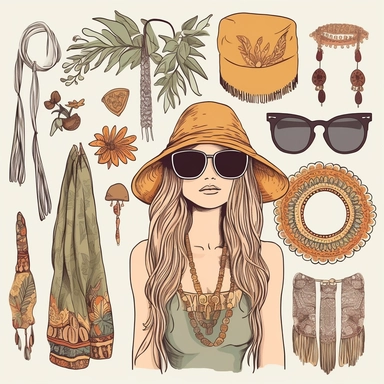 Boho Fashion Accessories: Design clipart showcasing bohemian fashion accessories like wide-brimmed hats, layered necklaces, statement earrings, fringed bags, flowing scarves, and boho-inspired clothing pieces. These elements can be incorporated into fashion illustrations or used in fashion-related designs with vibrant colors, organic shapes, and a sense of free-spiritedness to capture the essence of bohemian decoration.