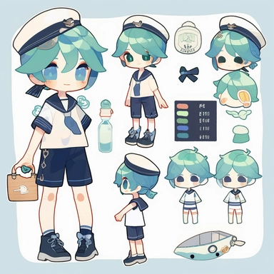 character sheet,knoling,clipart,belongings catalog, cute chibi character, long pale blue-green hair, long bangs, blue-green eyes, flat chest, beautiful young boy, sailor, blue shorts, dark blue socks, whale, cream soda, sandwich