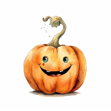 Halloween pumpkin, funny face, watercolor illustration for kids and children, clipart, sublimation, white background