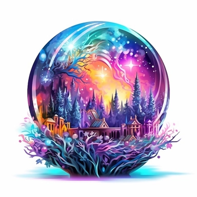 discopunk crystal ball, crystals and herbs, swirling color with tiny stars in the background, northern lights, isolated on white background, clipart, highly detailed