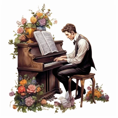 beauty man playing elegant piano, flower and a music book digital clipart on white background