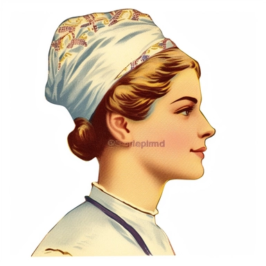 Vintage 1920 side profile portrait of a female baker chef Illustration, Chromolithograph, Die Cut, 1920s Illustration, Vintage, Chromolithograph, Colorful, Antique, Ephemera, Clipart, 8k, Isolated on white