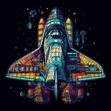 Space clipart, detailed spaceship, detailed, vibrant, contour, black background