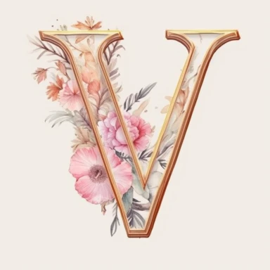 Clipart, Watercolor, Delicate, fine line, Gold Alphabet letter V, with soft pink flowers, pastel colors, hand-draw, texture