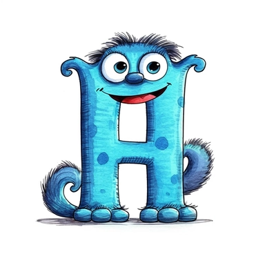 clipart style blue letter H with black line, with arms, legs and friendly cute face for children, isolated, white background,