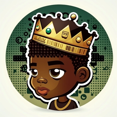 high quality circular badge logo, African-American Boy with a small floating crown above his head, computer code as background, clip art style, BEST QUALITY, Crown is gold, in the style of The Fairly OddParents,