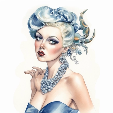 Hand drawn 1950’s pin up woman, dressed like cancer the crab, very glamorous with jewelry, shades of blue coral and silver, half body, very detailed and realistic, watercolor, white background with margins, clipart style