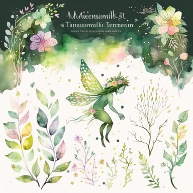 A mesmerizing watercolor clipart collection featuring elements from llustration of a magical forest inspired by Shakespeare's A Midsummer Night's Dream. lush green trees adorned with twinkling fairy lights, Delicate flowers bloom in vibrant colors, while mischievous fairies flit through the air, leaving behind trails of sparkling dust, ethereal ambiance. whimsy and enchantment,