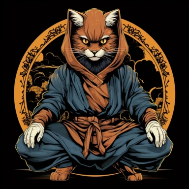 cat in ninja costume 2 7, fighting pose, in the style of anime-inspired characters, dark cyan and amber, adventure themed , black background , clipart, outrun