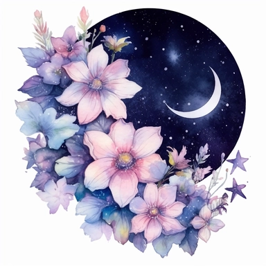 night flowers, watercolor, sparkles, clipart, white background, mystic, anime style