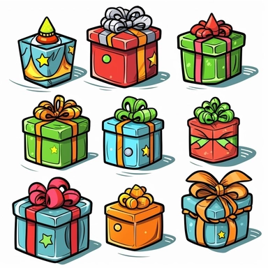 christmas gift boxes, objects, vibrant colors, cel shading, game graphics, clean lines, lineart, simple, cute, on white background, vector art, clip art, doodle art, comic art