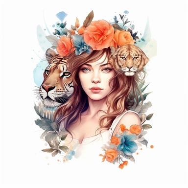 Girl with tiger and flowers, illustration clipart, detailed, black outline, white background, digital art, watercolor