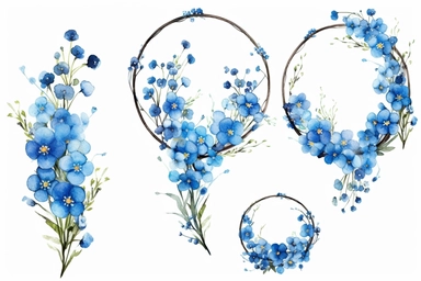 watercolor forget me not flower clipart, stickers, 4 floral circle frames