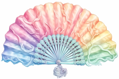 drawing illustration of a pastel rainbow rococo hand fan, clipart,