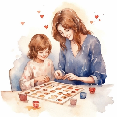 watercolor art of a mother and child playing board games together, with a heart or other decorative element in the background, clipart, white background, 8k