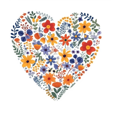 heart shaped composition of tiny wildflowers, 2d flat design, hand painted, colorful summer color palette in the style of Rifle Paper Company, clipart on white background, tshirt design