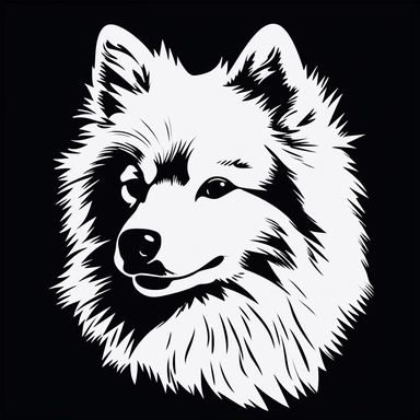 the image of a white American Eskimo Dog on black is shown, in the style of stencil art, heavy outlines, flickr, hard edge, sculpted, woodcut, clipart cut file cuttable cricut vector