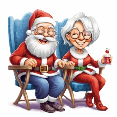 old Santa and old Mrs Claus wearing wire glasses in rocking chairs with a decorated christmas tree in background, clipart, cartoon style, clearly defined separate image, high quality--ar3:4-no mockups, watermarks, numbers, writing, letters--q2--v5.1--s1000