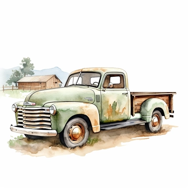 realistic watercolor drawing of a vintage chevy pickup truck in California farm, on a white background where the background will be removed to repurpose as a clipart.