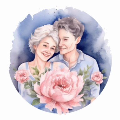 cute watercolor clipart with pale skinned older mom and adult son hugging echother in circle, beautiful, hight quality, pastel colors, white background, decorated with blue peonies