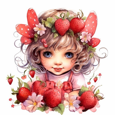 Cute little fairy, wearing strawberry pattern onsie, clipart, happy, watercolor, pretty eyes, flowers, roses, sarah kay,
