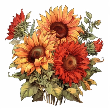 watercolor drawing of sunflowers, in the style of light orange and dark crimson, edwardian beauty, whitcomb-girls, colorful gardens, detailed illustrations, bloomcore, realistic color schemes, clipart