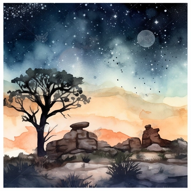 clipart style, watercolor scene of A mesmerizing illustration of the Desert Night Sky, featuring a desert scene with majestic rock formations and a canopy of stars above. The silhouettes of desert wildlife, such as lizards and owls, add a sense of harmony and interconnectedness with nature to the captivating scene, HD, on white background