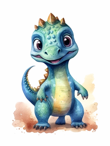 nursery wall art print of full body happy baby dinosaur with sparking eyes and dark grey skin in watercolor, cartoon style, isolated on white background, sharp border, clipart