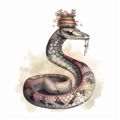 hand drawn vintage circus cobra that has a womans top half, glamorous, soft, detailed and realistic, watercolor, clipart style, white background with margins